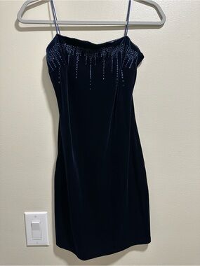Vintage Rampage Navy Velvet Spaghetti Strap Mini Dress with Beaded Detail